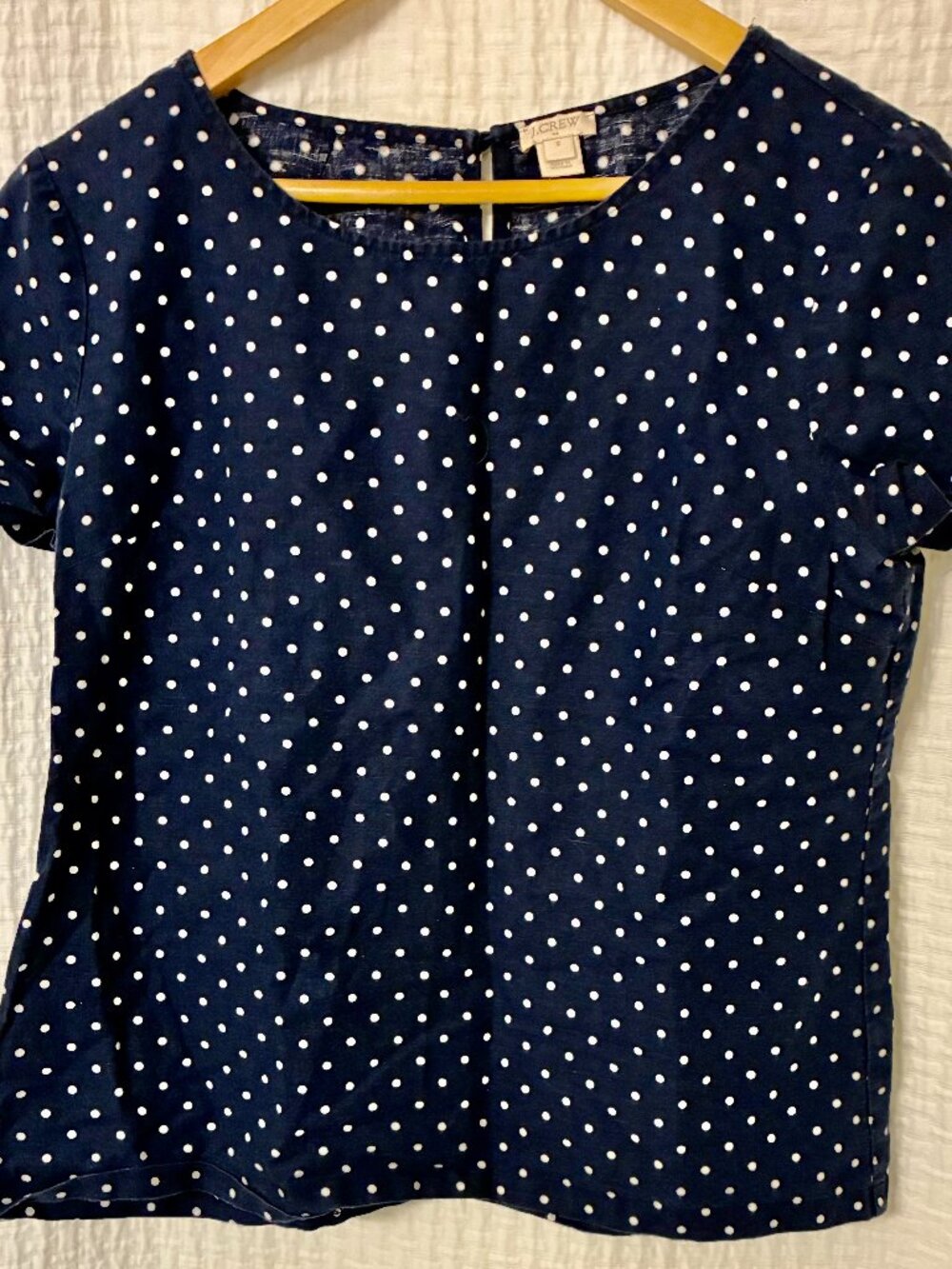 J. Crew Size S Linen/Cotton Blend Navy Polka Dot Short Sleeve Shirt